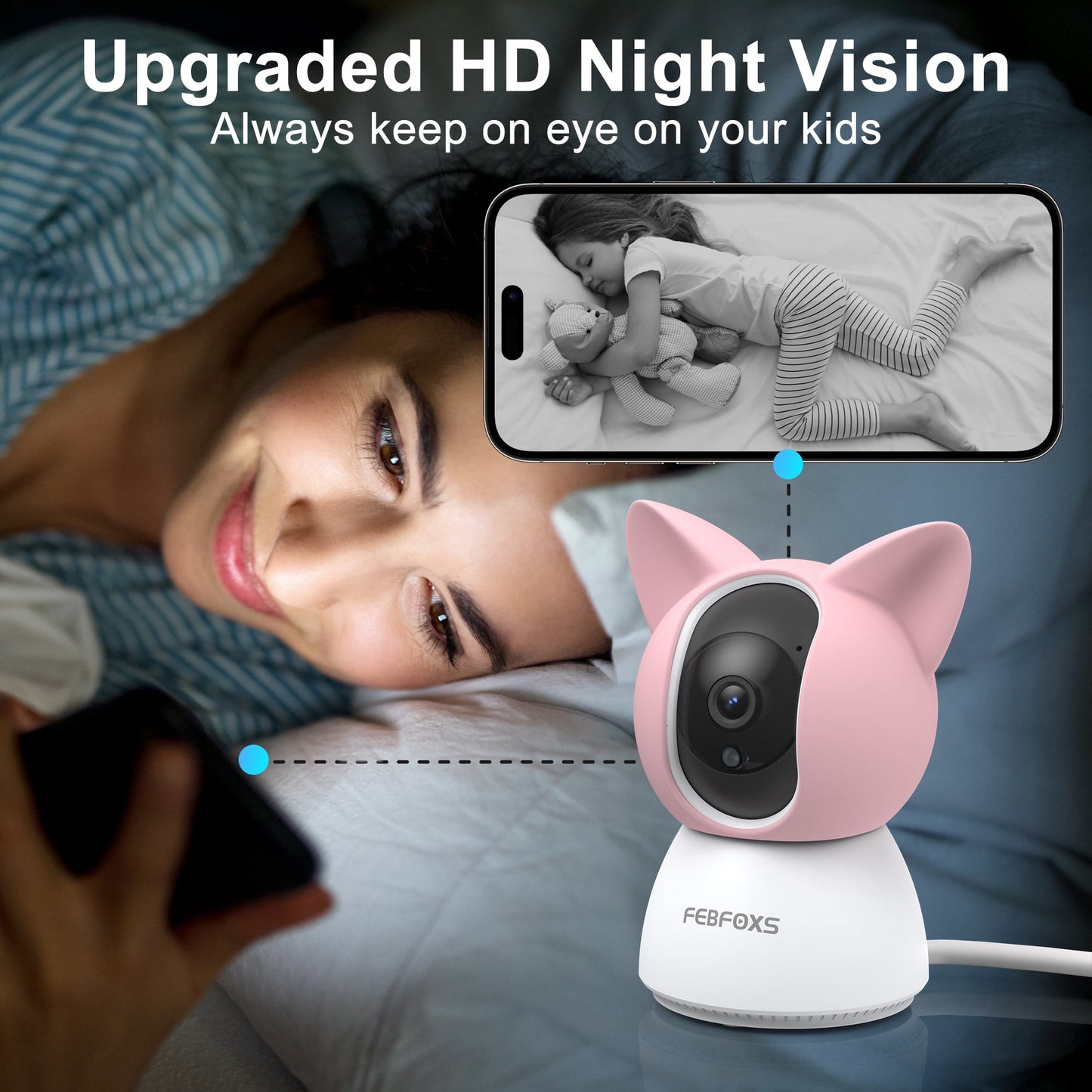 FEBFOXS 2K Baby Monitor, 5G/2.4G Wifi Indoor Security Camera, 360°Pan/Tilt Baby Monitor with Camera and Audio, Night Vision, 2-Way Audio