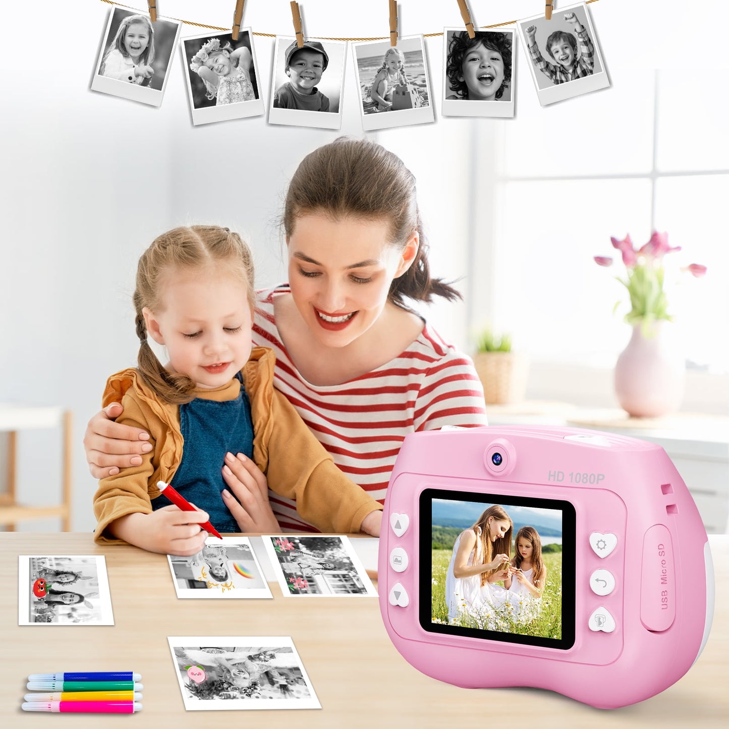 TOPVISION Kids Camera Instant Print, 1080P HD Digital Cameras with 32GB Storage Card & 4 Paper Rolls, Gift for Boys & Girls Ages 4-12 - Pink