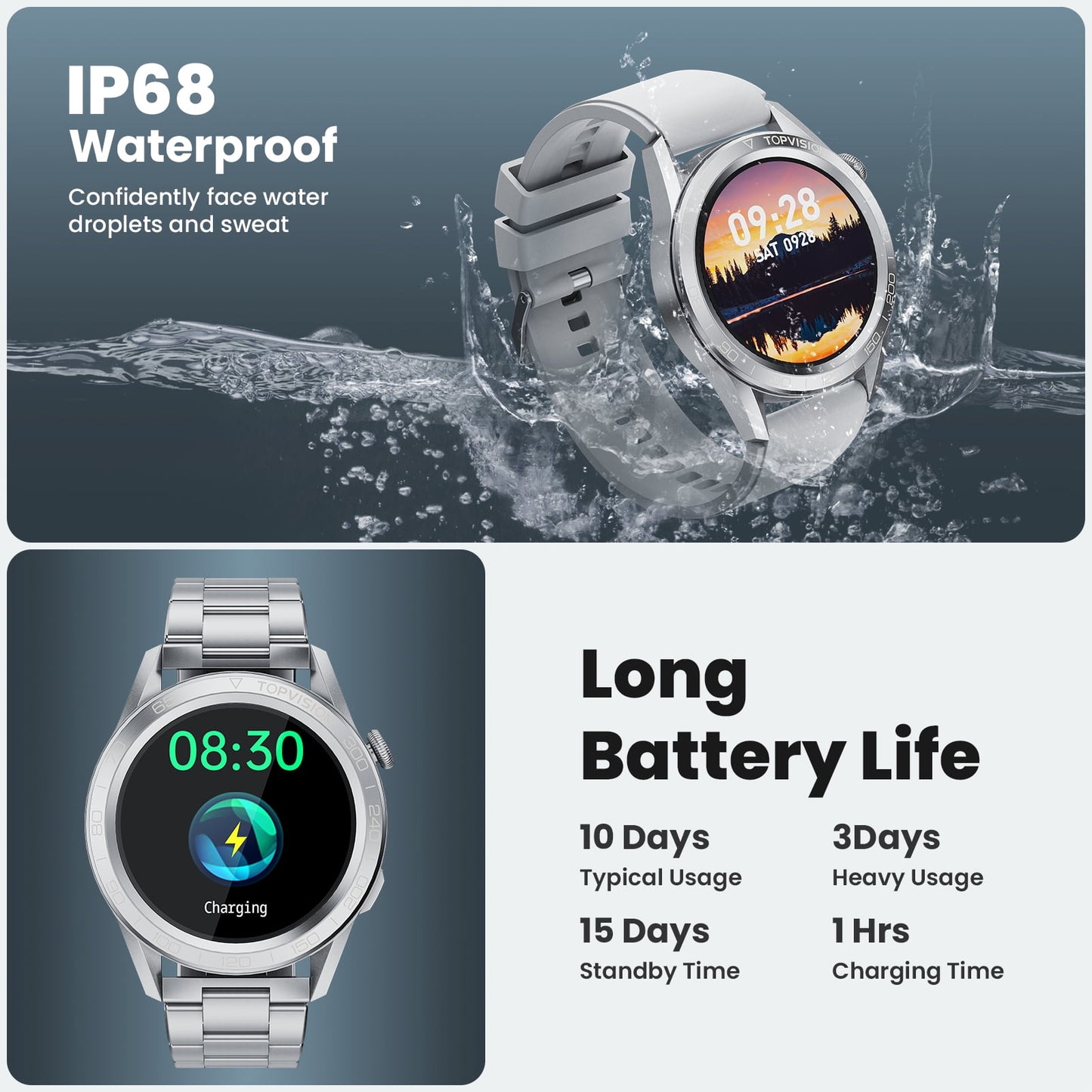 TOPVISION Smart Watch for Men Women, Fitness Tracker 100+ Sport Modes 2 Bands for Android iOS, Silver