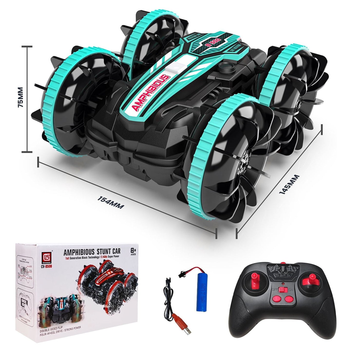 Remote Control Cars, 4WD off Road Stunt Car 2.4GHz Land Water 2 in 1 Remote Control, RC Cars for Kids Boys-Green