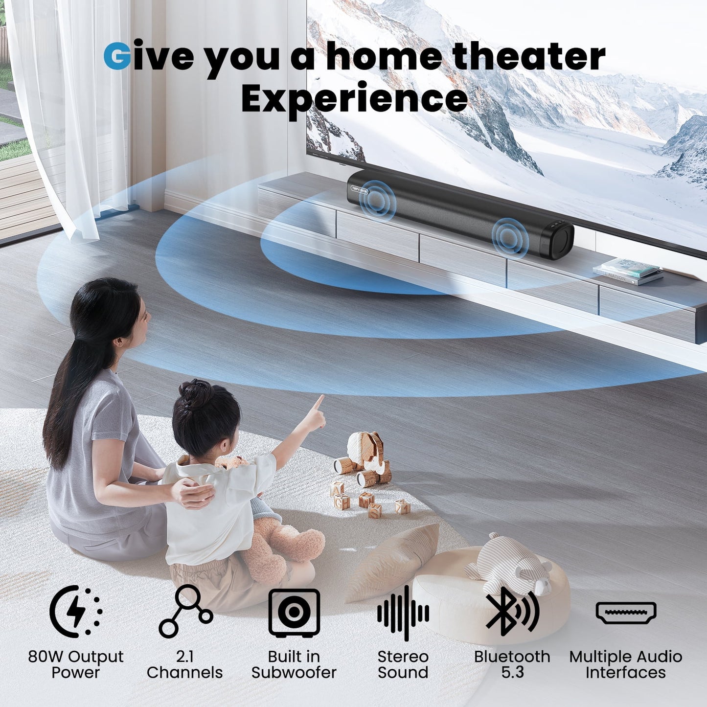 TOPVISION 80W Sound Bar for TV, 2.1Ch Sound bar with subwoofer, Wireless 5.3 Bluetooth Surround Sound System, Home Theater Audio with HDMI/Optical/AUX, SL02