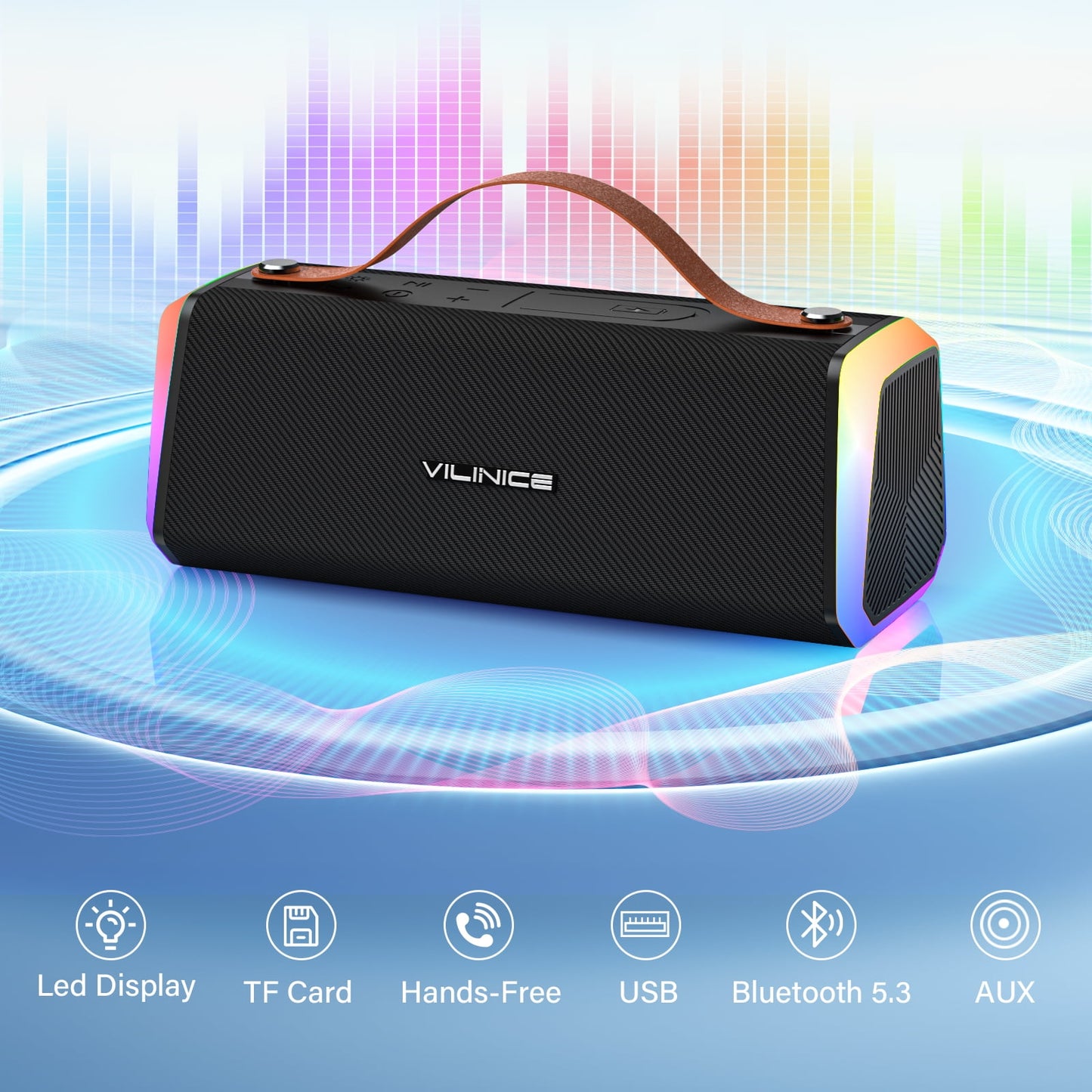 VILINICE Bluetooth Speaker, IPX6 Waterproof Portable Wireless Speaker Outdoor with Handle, RGB Lights, Dual Drivers for Deep Bass & Stereo Sound
