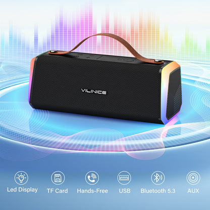 VILINICE Bluetooth Speaker, IPX6 Waterproof Portable Wireless Speaker Outdoor with Handle, RGB Lights, Dual Drivers for Deep Bass & Stereo Sound