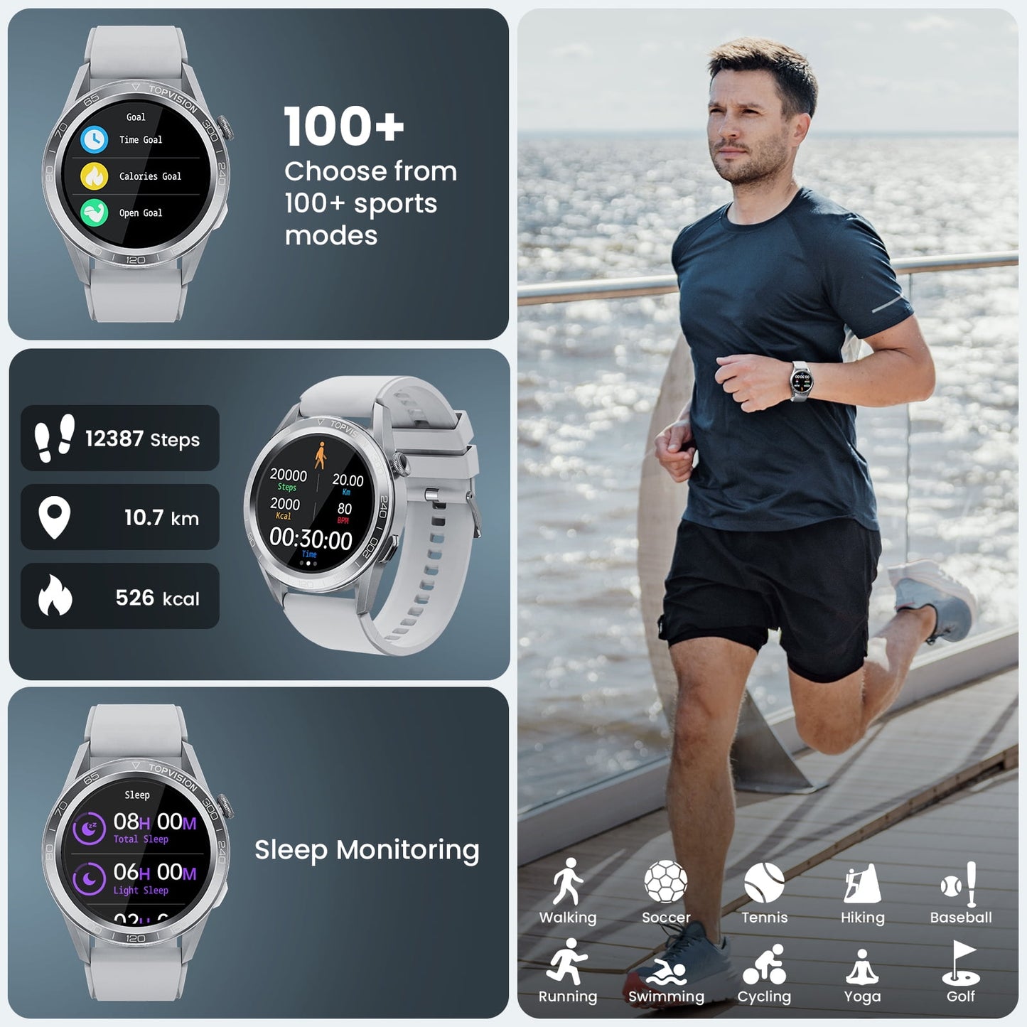 TOPVISION Smart Watch for Men Women, Fitness Tracker 100+ Sport Modes 2 Bands for Android iOS, Silver