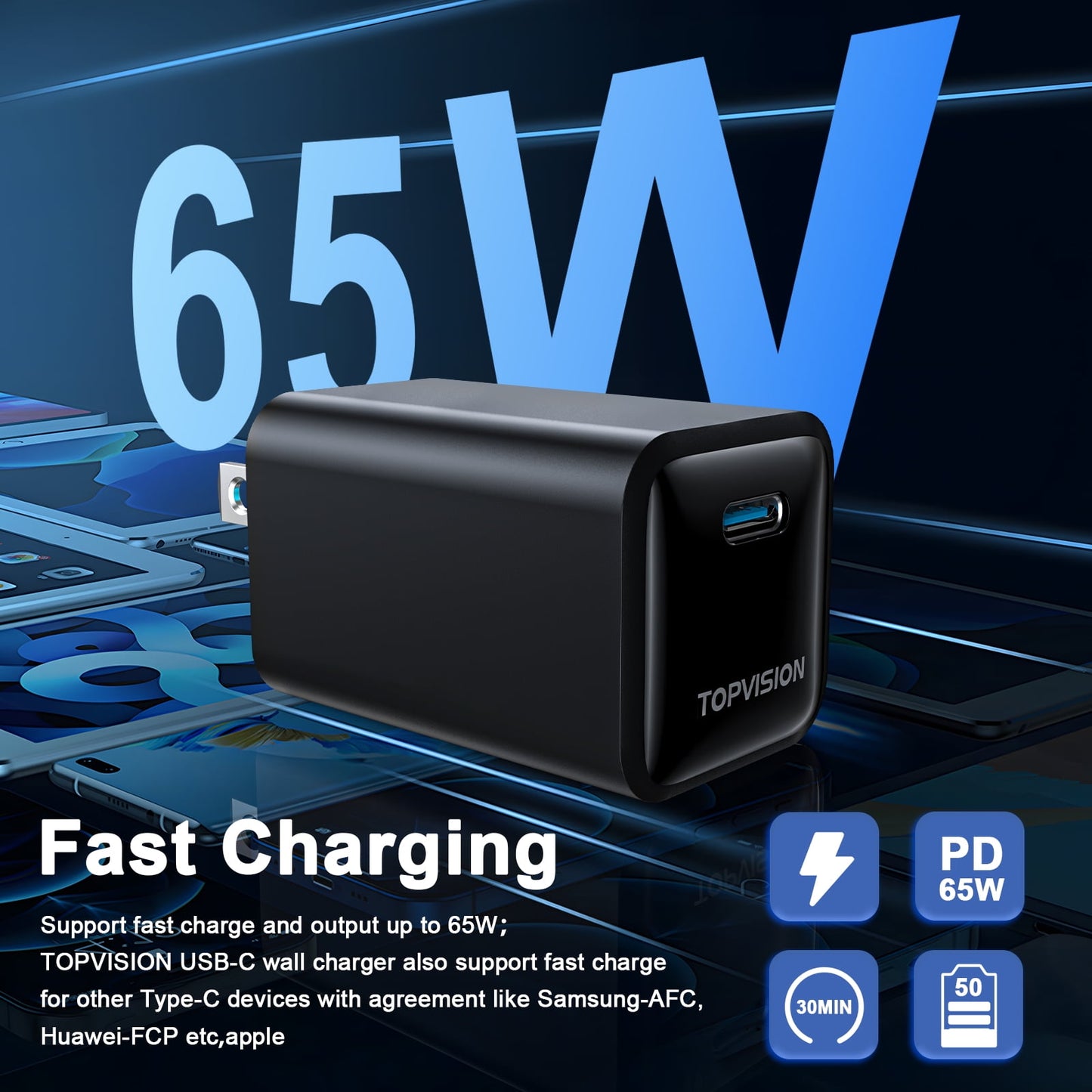 TOPVISION USB-C Charger Block 65W, Fast Charging Wall Charger Adapter for Apple, Android, 1 Pack