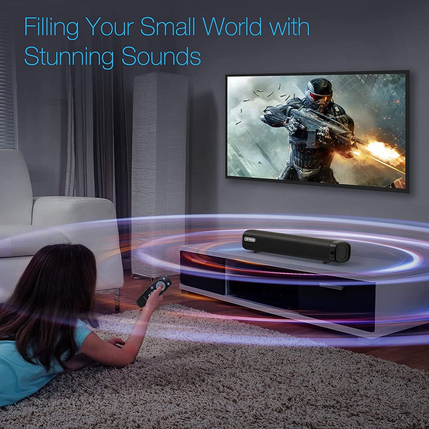 TOPVISION Sound Bar for TV, Soundbar with Subwoofer, Wired & Wireless Bluetooth 5.0 3D Surround Speakers, Optical/AUX/RCA/USB Connection, Wall Mountable, Remote Control