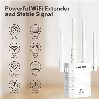 VILINICE WiFi Extender, Dual-Band Wi-Fi Repeaters up to 1200Mbps, Coverage up to 8800 Sq Ft, 1 Pack
