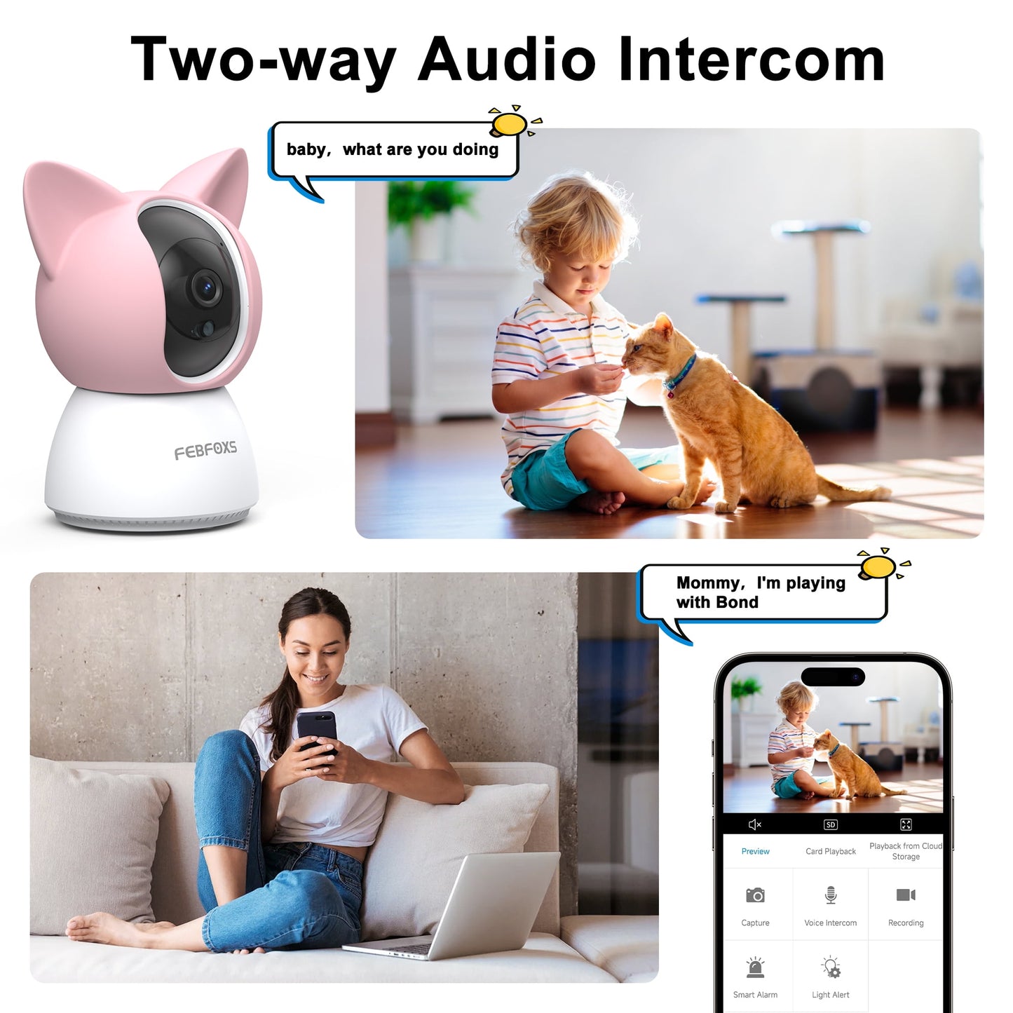 FEBFOXS 2K Baby Monitor, 5G/2.4G Wifi Indoor Security Camera, 360°Pan/Tilt Baby Monitor with Camera and Audio, Night Vision, 2-Way Audio