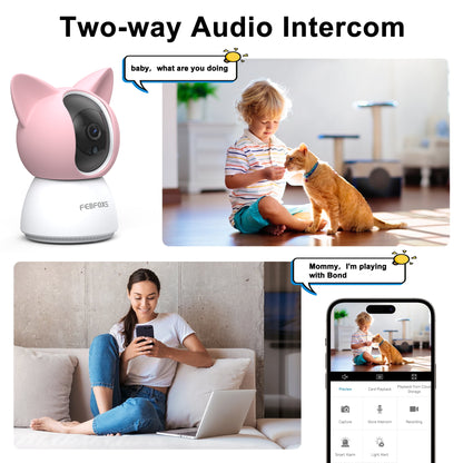 FEBFOXS 2K Baby Monitor, 5G/2.4G Wifi Indoor Security Camera, 360°Pan/Tilt Baby Monitor with Camera and Audio, Night Vision, 2-Way Audio