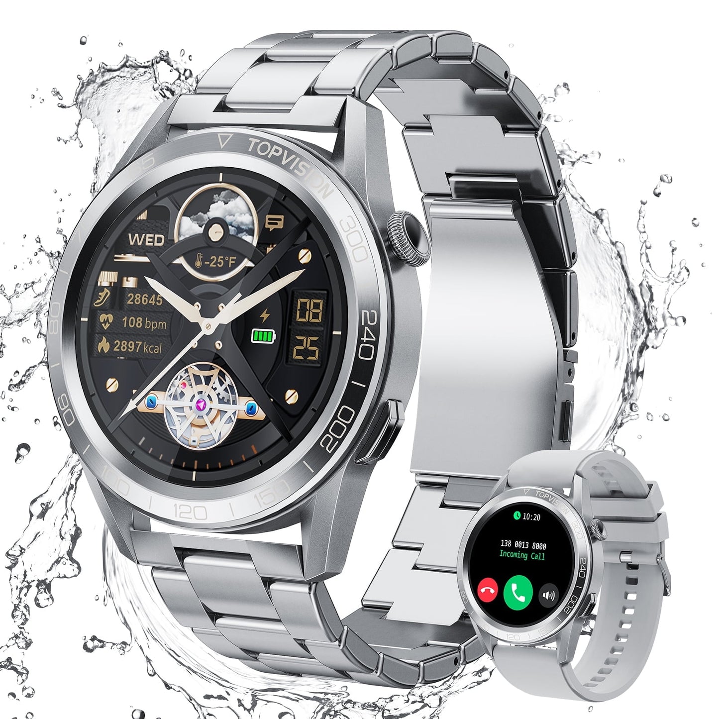 TOPVISION Smart Watch for Men Women, Fitness Tracker 100+ Sport Modes 2 Bands for Android iOS, Silver