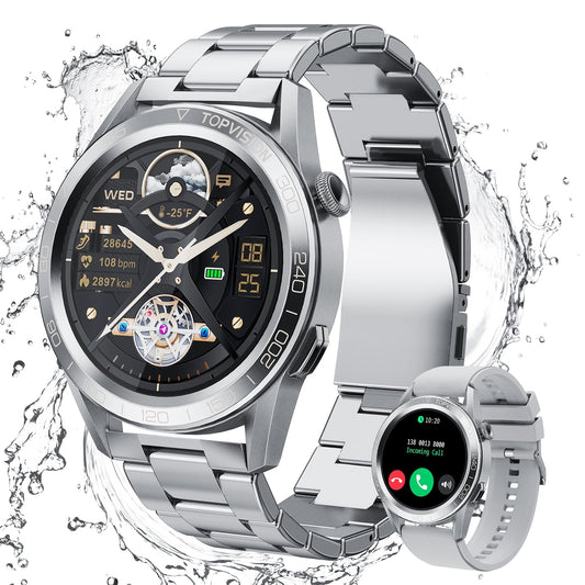 TOPVISION Smart Watch for Men Women, Fitness Tracker 100+ Sport Modes 2 Bands for Android iOS, Silver