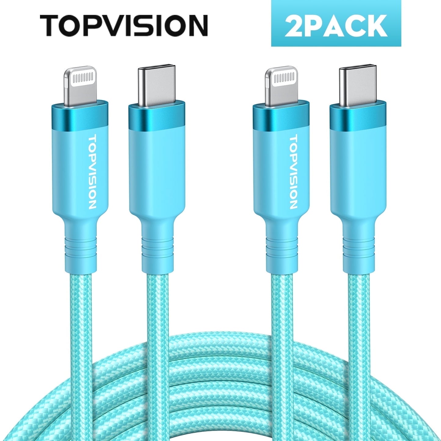 TOPVISION USB A to Lightning Cable(6FT, 2Cables), MFi Certified Nylon USB to Lightning Cord Compatible with iPhone 14/13/12/11/XS MAX/XR/8/7/6s Plus Cable