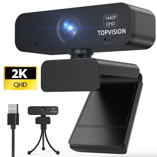Topvision 2K Webcams with Tripod (Stand), Black, New