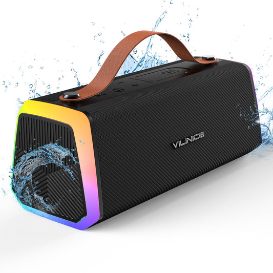 VILINICE Bluetooth Speaker, IPX6 Waterproof Portable Wireless Speaker Outdoor with Handle, RGB Lights, Dual Drivers for Deep Bass & Stereo Sound