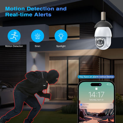 TOPVISION Light Bulb Camera, 4MP Outdoor Surveillance Camera with 360°PTZ, Dual Lens, Full Color Night Vision, White, 1