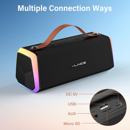 VILINICE Bluetooth Speaker, IPX6 Waterproof Portable Wireless Speaker Outdoor with Handle, RGB Lights, Dual Drivers for Deep Bass & Stereo Sound