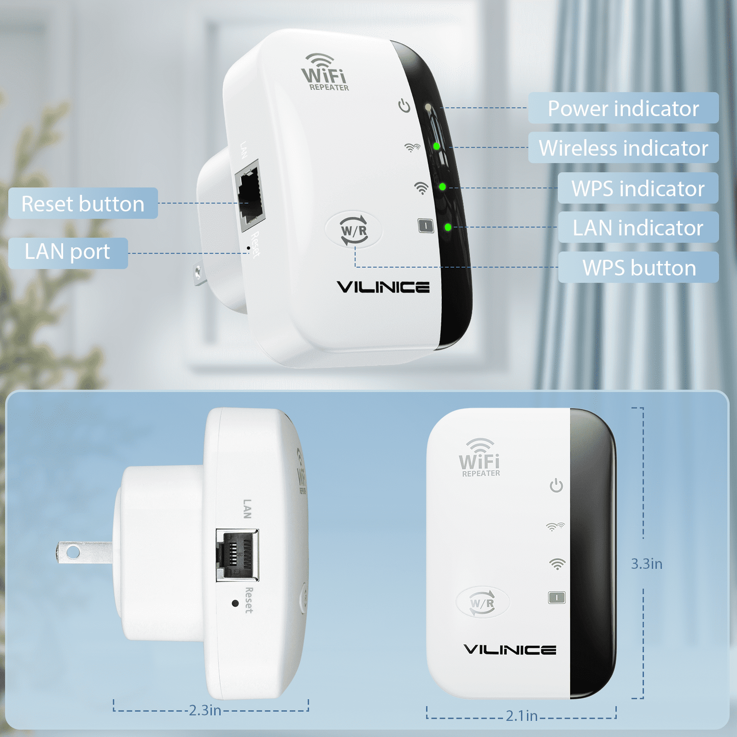 VILINICE AC1200 Dual-Band Wi-Fi Extender, Coverage up to 3000 sq ft, 2 Count, 2 Pack