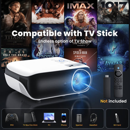 HAPPRUN H1 1080P 4K Video Projector, Support 40" to 200'' Screen, White, 1 Count, 1 Pack