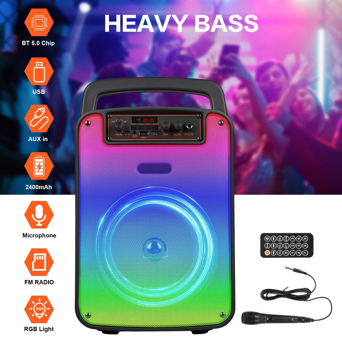 VILINICE Bluetooth Rechargeable Speaker, Portable Speaker with Microphone, Speaker for Home Outdoor Party Camping, Support RGB/TWS/FM