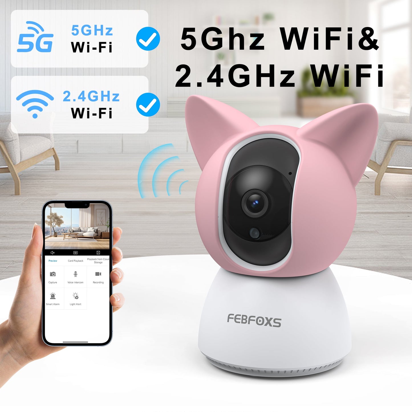 FEBFOXS 2K Baby Monitor, 5G/2.4G Wifi Indoor Security Camera, 360°Pan/Tilt Baby Monitor with Camera and Audio, Night Vision, 2-Way Audio