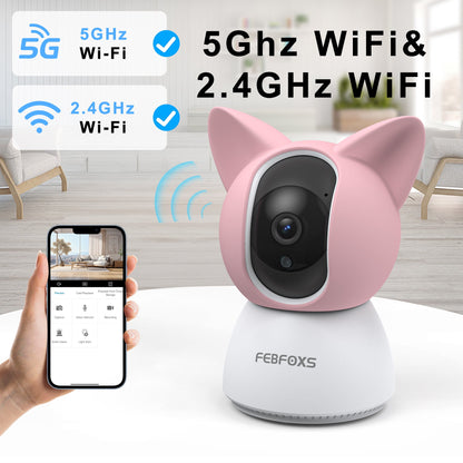 FEBFOXS 2K Baby Monitor, 5G/2.4G Wifi Indoor Security Camera, 360°Pan/Tilt Baby Monitor with Camera and Audio, Night Vision, 2-Way Audio