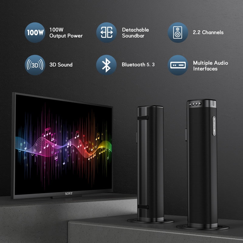 TOPVISION 2.2ch Soundbar with Subwoofer, 100W Sound Bar for TV with Bluetooth 5.3, 2 in 1 Detachable Sound bar for Smart TV, Home Theater Surround Sound System with HDMI ARC/Optical/Aux