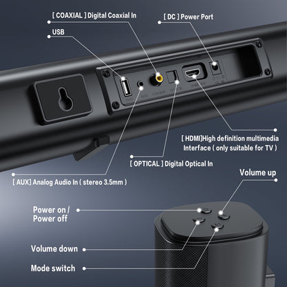 TOPVISION 4.1ch Sound Bar with Subwoofer, 120W Separable Sound Bar for TV with 4 Drivers, USB/AUX/Coaxial/Optical/HDMI/Bluetooth Connect, 2-in-1 Detachable Sound Bar for Speaker