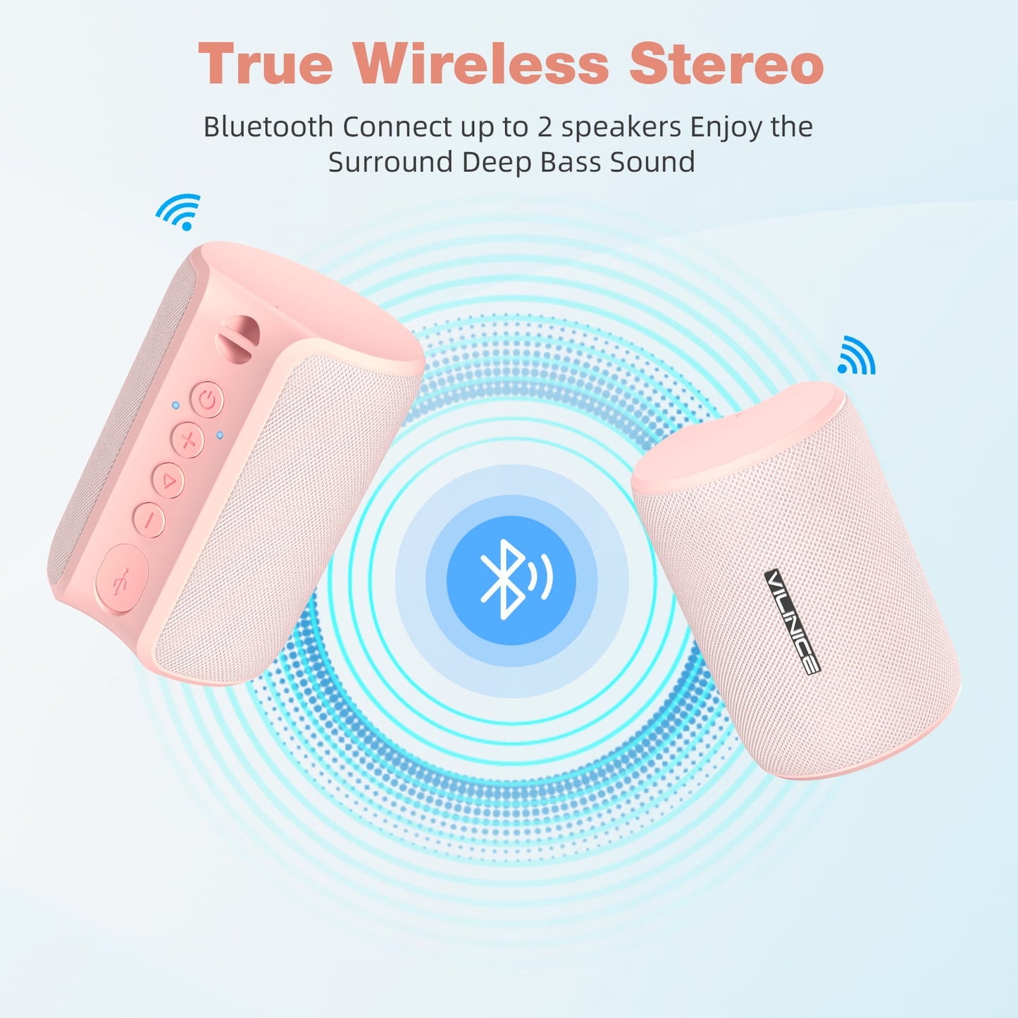 VILINICE Bluetooth Speaker Portable, IPX7 Waterproof Wireless Outdoor Speaker, TWS Pairing, 12H Playtime, Pink