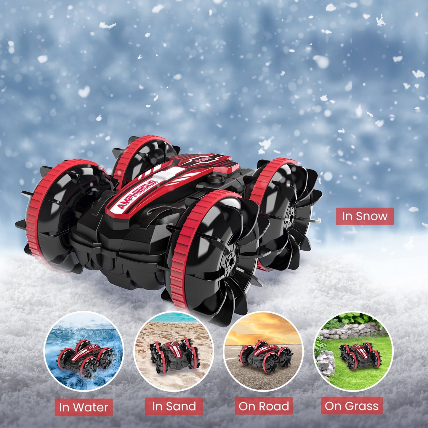 Remote Control Cars, 4WD off Road Stunt Car 2.4GHz Land Water 2 in 1 Remote Control, RC Cars for Kids Boys-Red