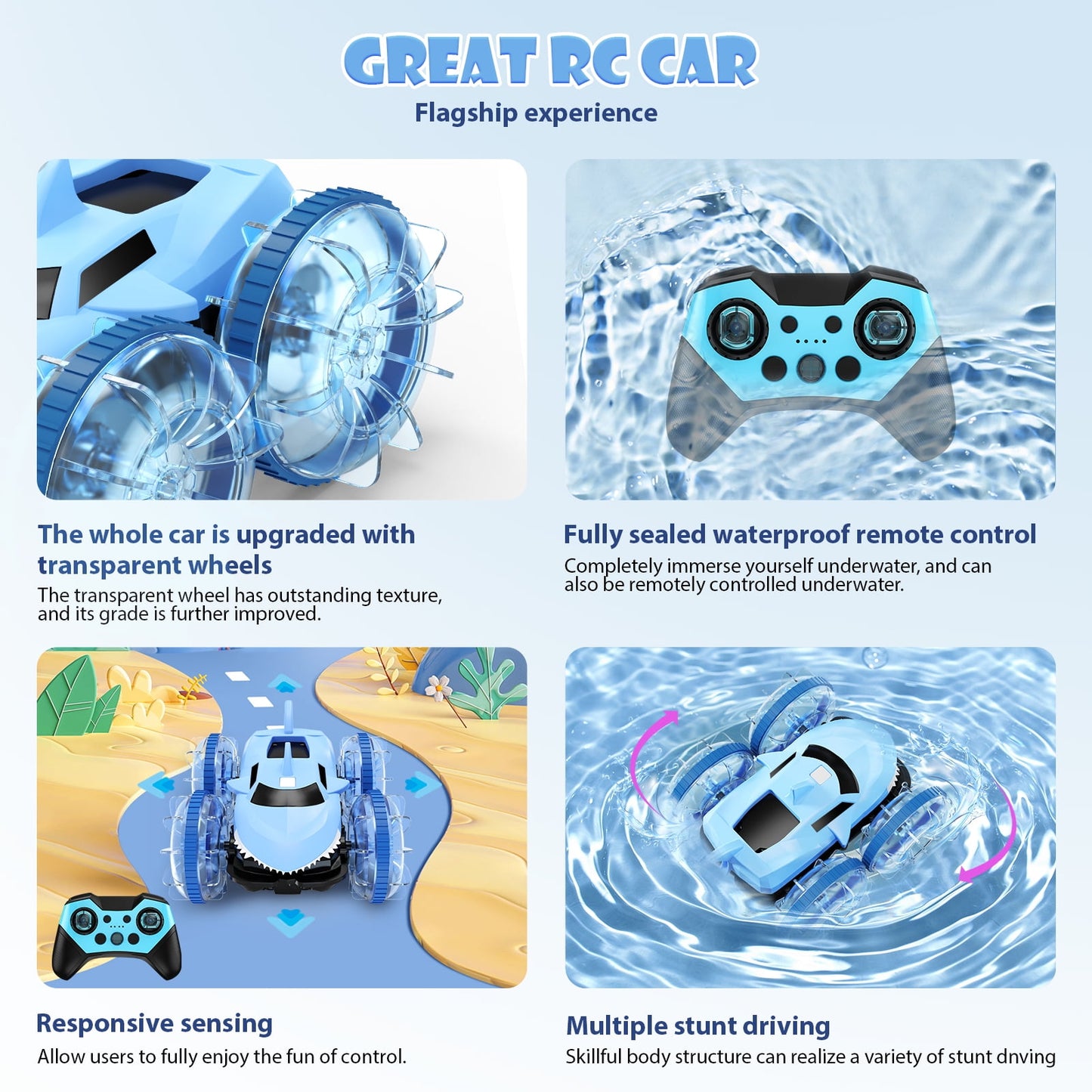 VILINICE Remote Control Cars, 4WD RC Stunt Car, 2.4 GHz 360° Rotating RC Cars with LED Light, Toy Cars Gifts for Kids Boys and Girls, Blue, 9+ MPH